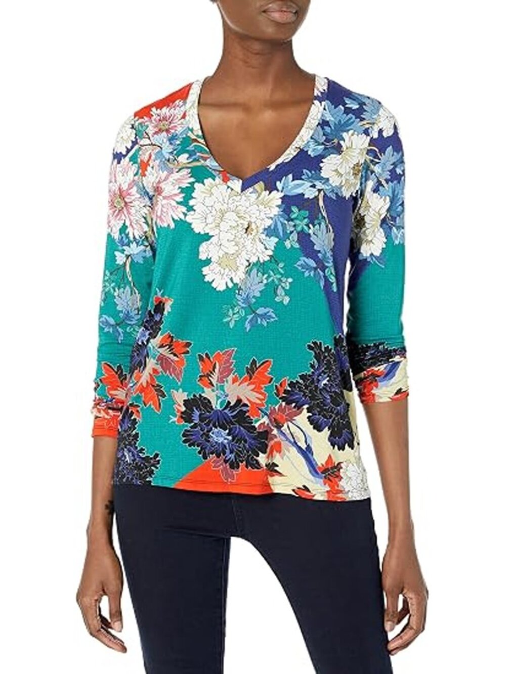 Johnny Was Marritt Favorite Tee Floral Shirt V Neck Long Sleeve Top Blue L NEW